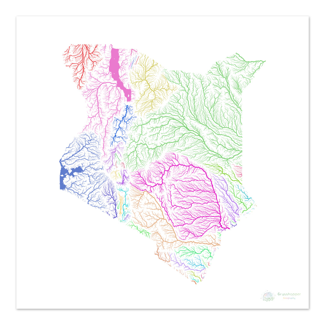 Kenia - Mapa de la cuenca fluvial, arco iris sobre blanco - - Impresión de bellas artes