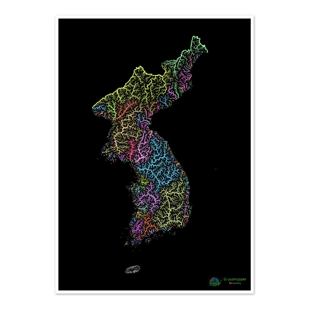 Korea - River basin map, pastel on black - Fine Art Print