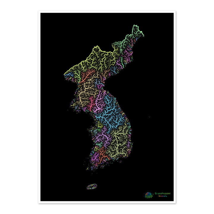 Korea - Flussgebietskarte, Pastell auf Schwarz - Fine Art Print