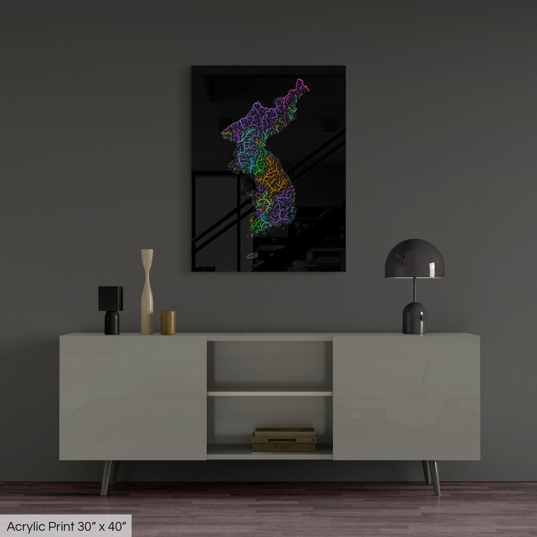 Korea - River basin map, rainbow colours - Wall Art