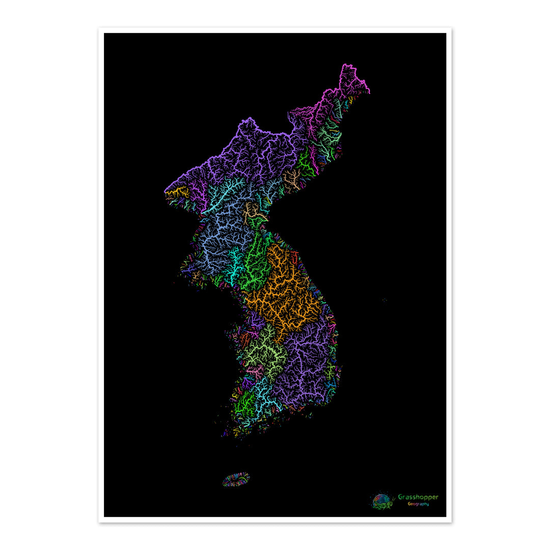 Korea - River basin map, rainbow on black - Fine Art Print