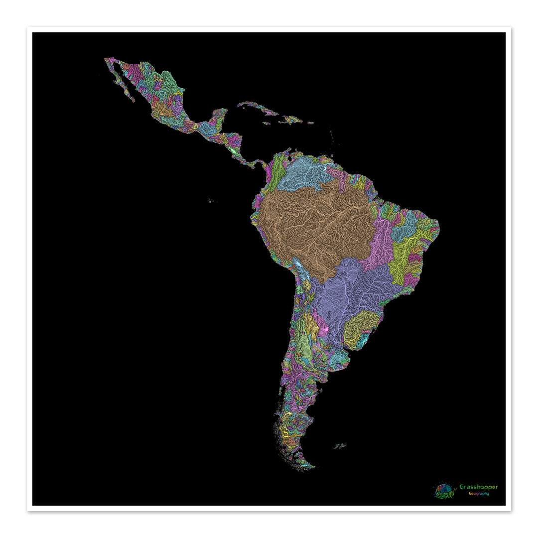 River basin map of Latin America, pastel colours on black - Fine Art Print