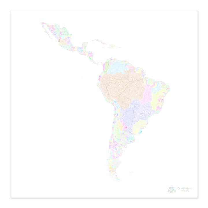 Latin America - River basin map, pastel on white - Fine Art Print