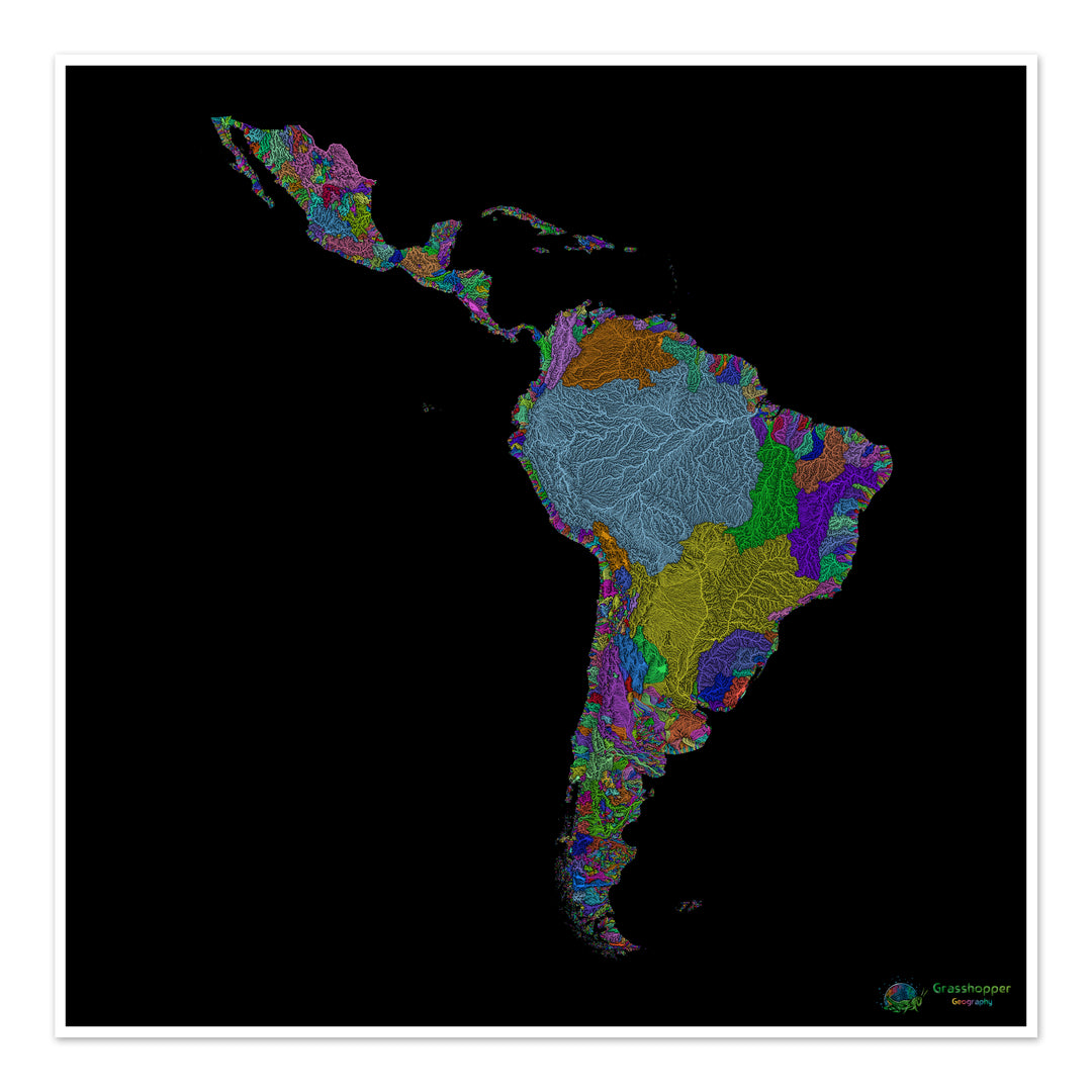 Latin America - River basin map, rainbow on black - Fine Art Print