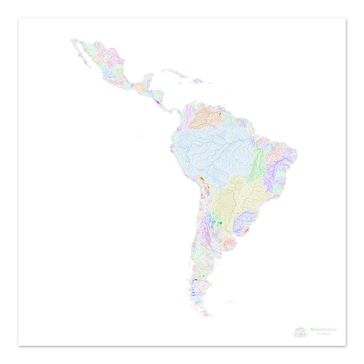 América Latina - Mapa de cuencas fluviales, arco iris sobre blanco - Impresión de Bellas Artes