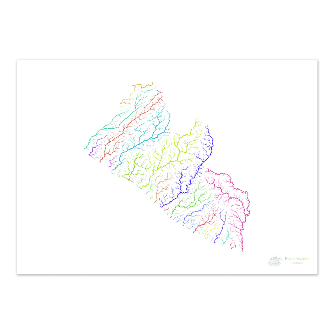 Liberia - Mapa de la cuenca fluvial, arco iris sobre blanco - Impresión de Bellas Artes