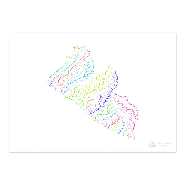 Libéria - Carte du bassin fluvial, arc-en-ciel sur blanc - Fine Art Print