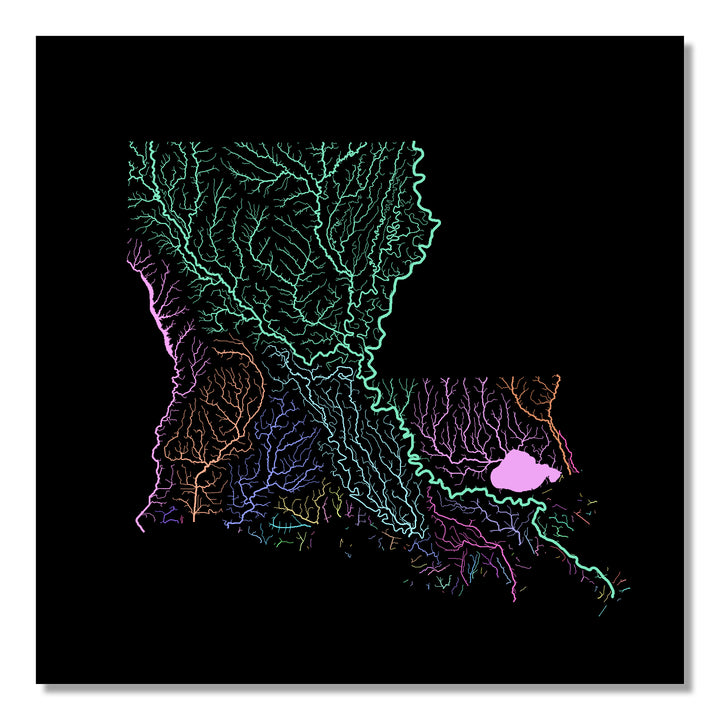 Louisiana - River basin map, pastel colours - Wall Art