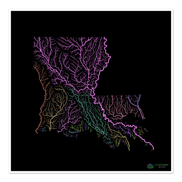River basin map of Louisiana, pastel colours on black - Fine Art Print