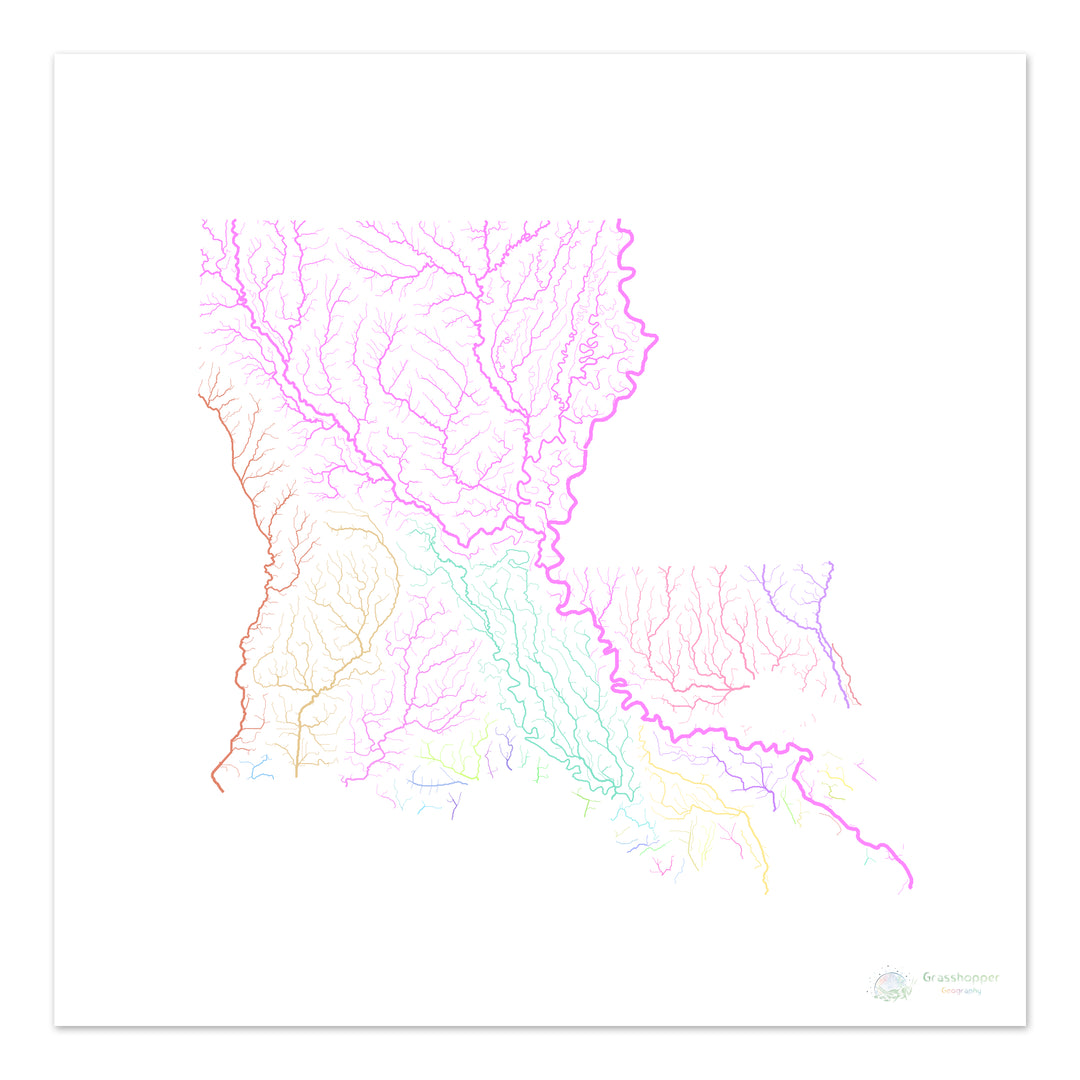River basin map of Louisiana, pastel colours on white - Fine Art Print