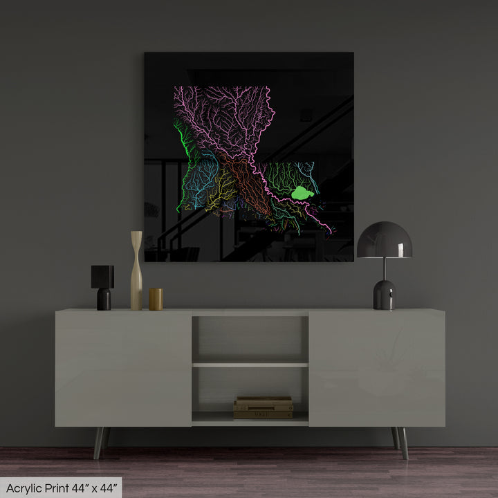 Louisiana - River basin map, rainbow colours - Wall Art