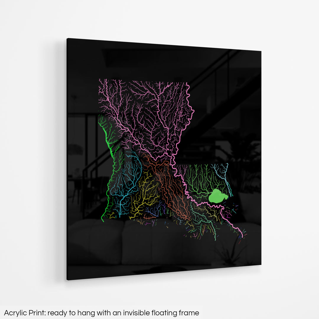 Louisiana - River basin map, rainbow colours - Wall Art