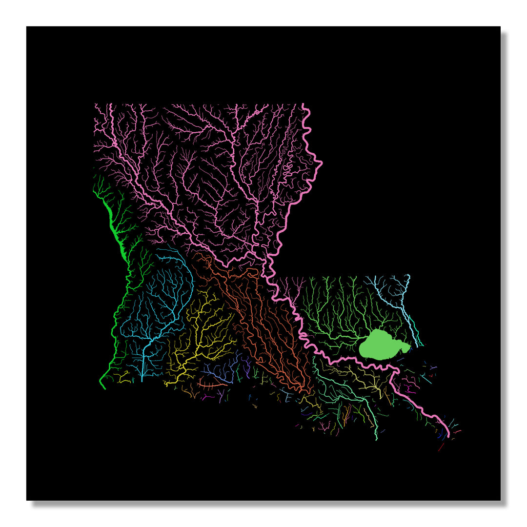 Louisiana - River basin map, rainbow colours - Wall Art