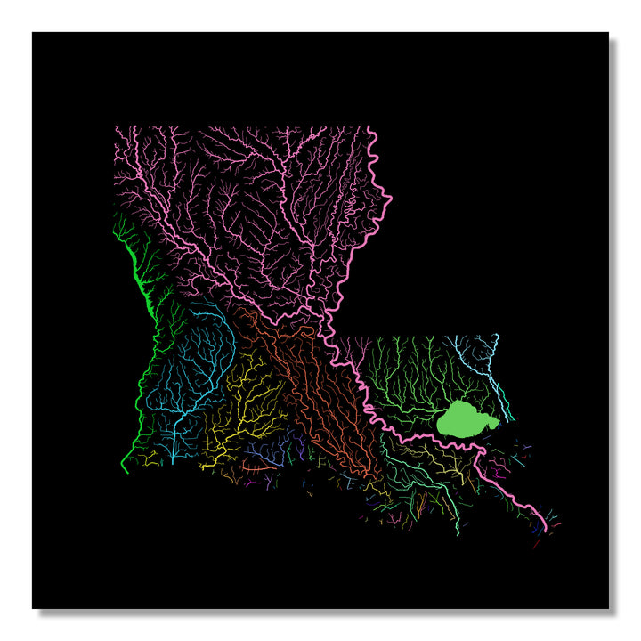 Louisiana - River basin map, rainbow colours - Wall Art