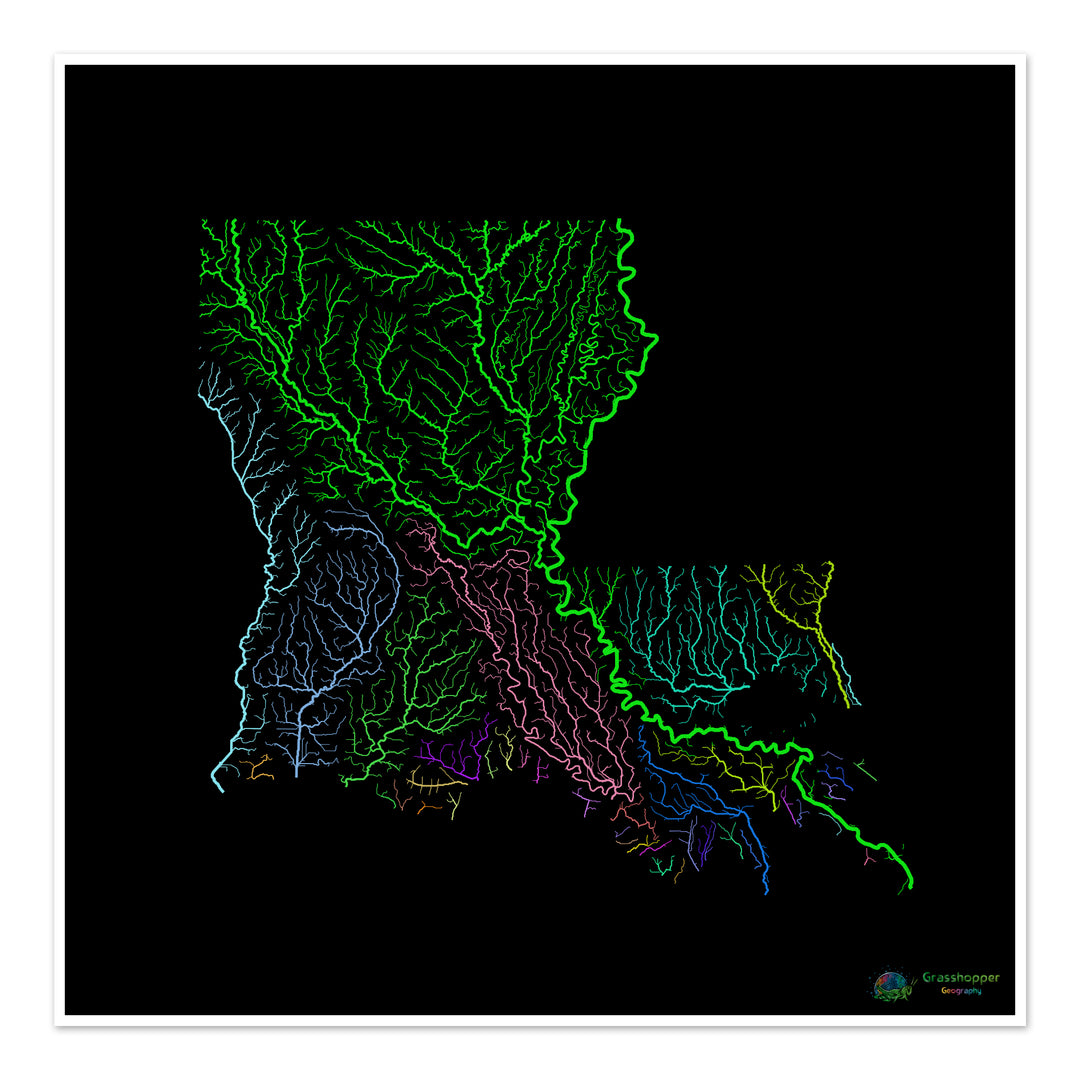 Louisiana - River basin map, rainbow on black - Fine Art Print