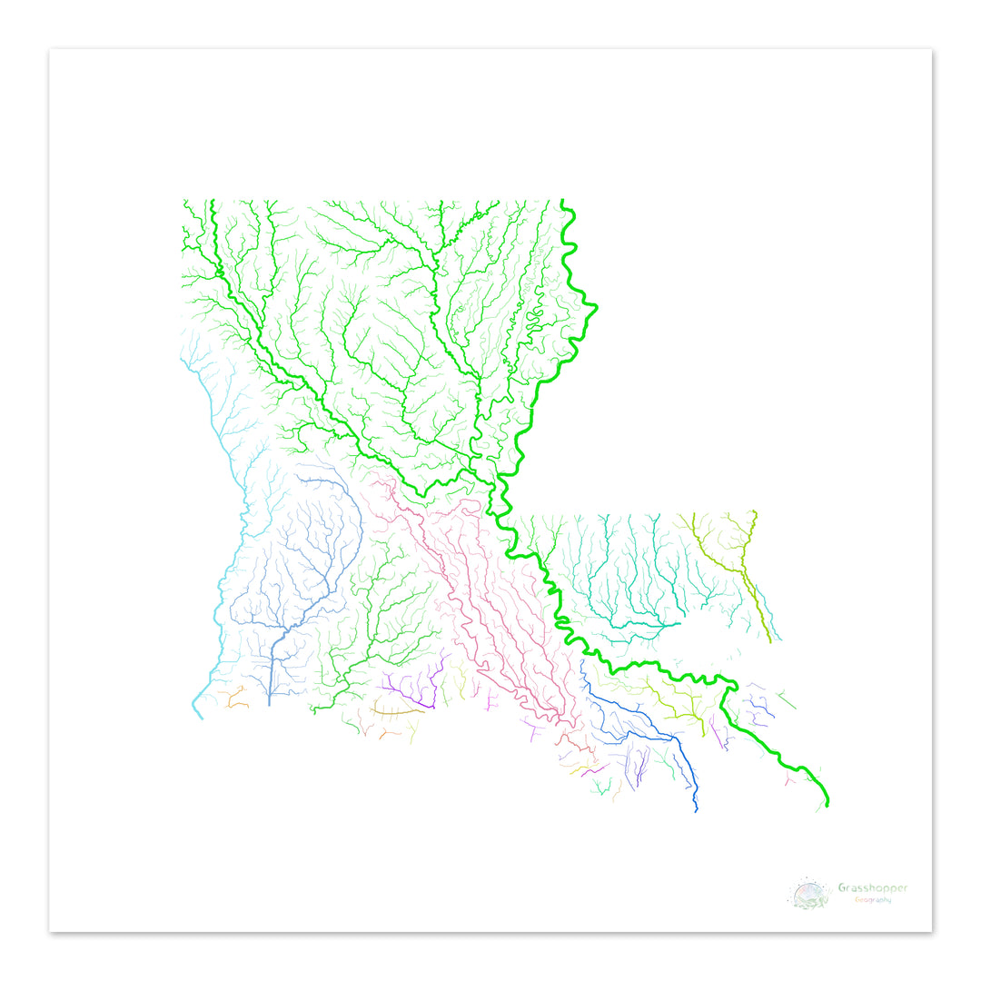 Louisiana - River basin map, rainbow on white - Fine Art Print