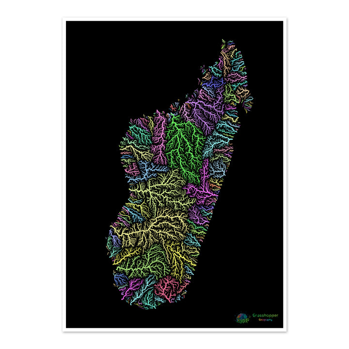 River basin map of Madagascar, pastel colours on black - Fine Art Print