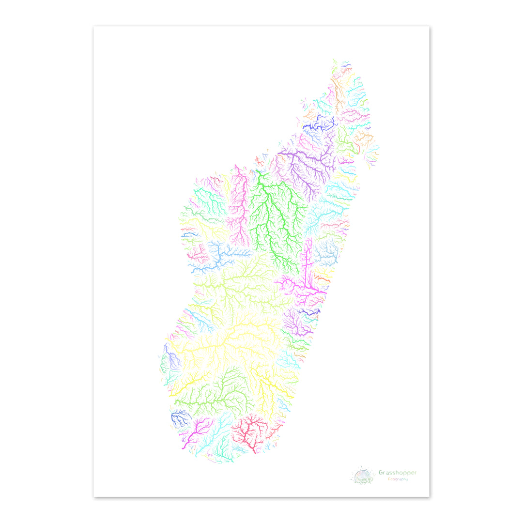 Madagascar - Carte des bassins fluviaux, pastel sur blanc - Fine Art Print