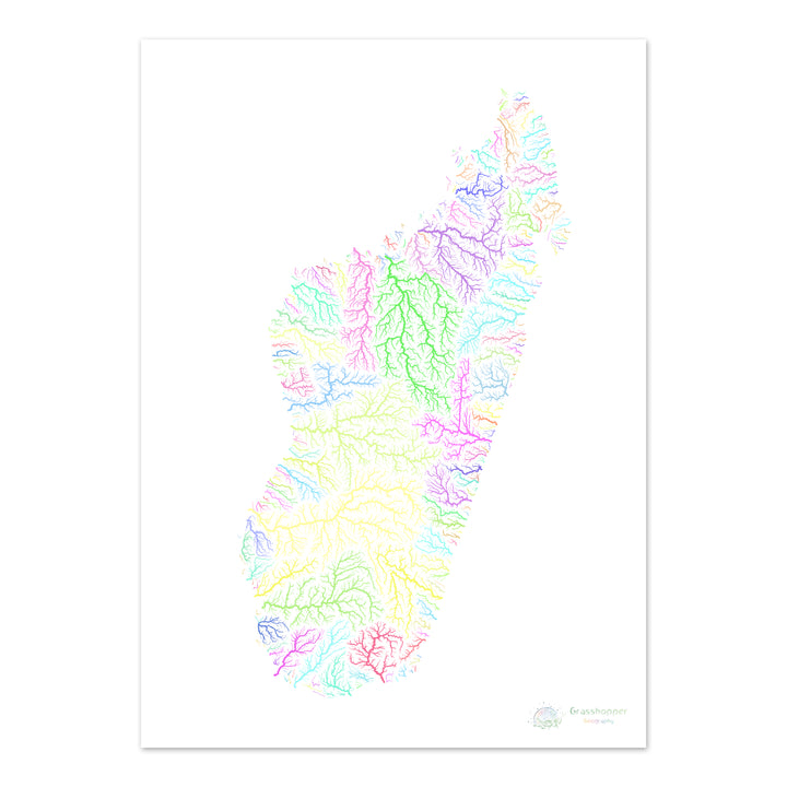 Madagascar - Mapa de la cuenca fluvial, pastel sobre blanco - Impresión de Bellas Artes