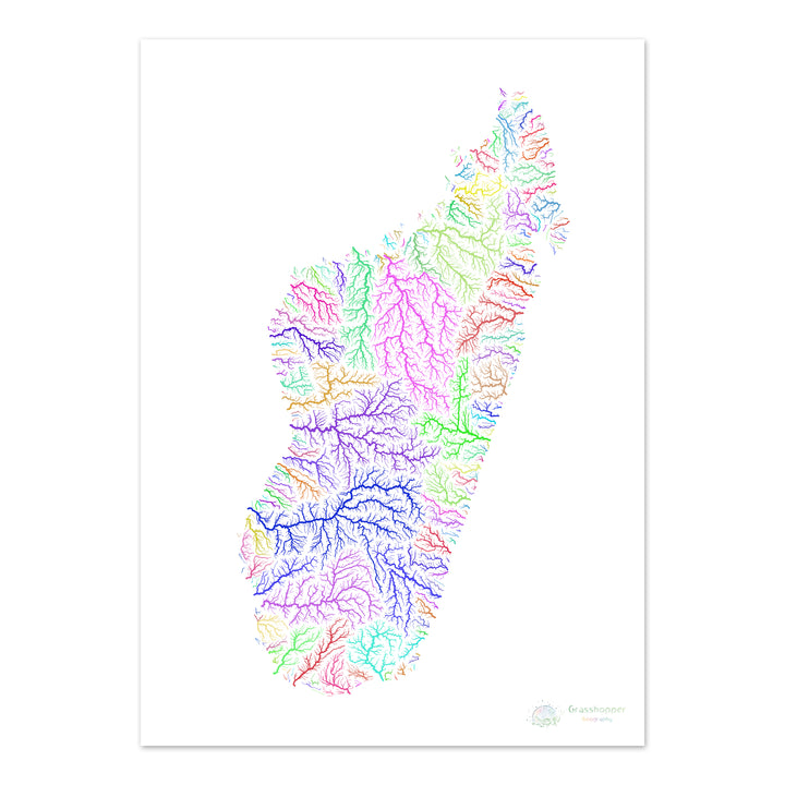 Madagascar - River basin map, rainbow on white - Fine Art Print
