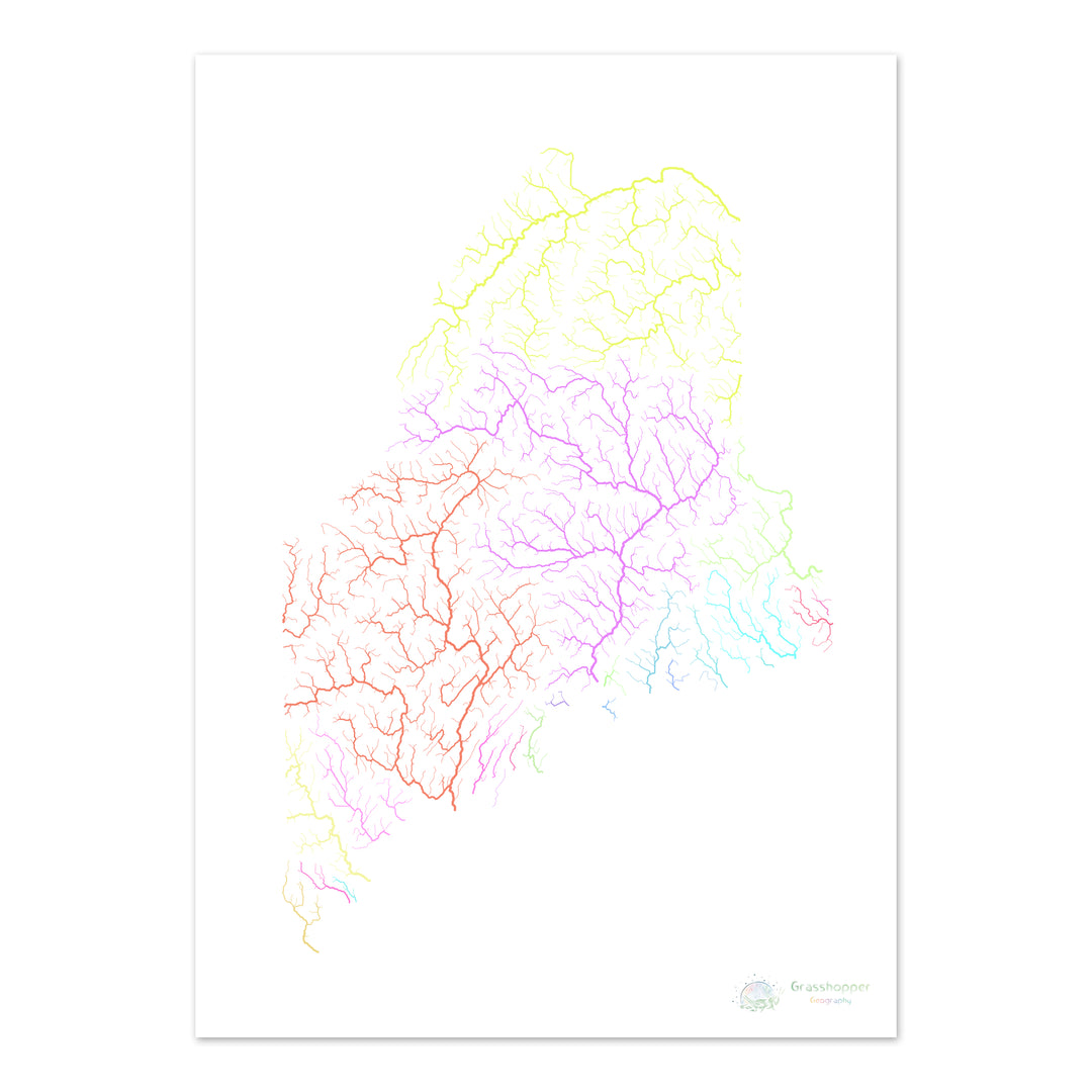 Maine - Mapa de la cuenca del río, pastel sobre blanco - Impresión de Bellas Artes