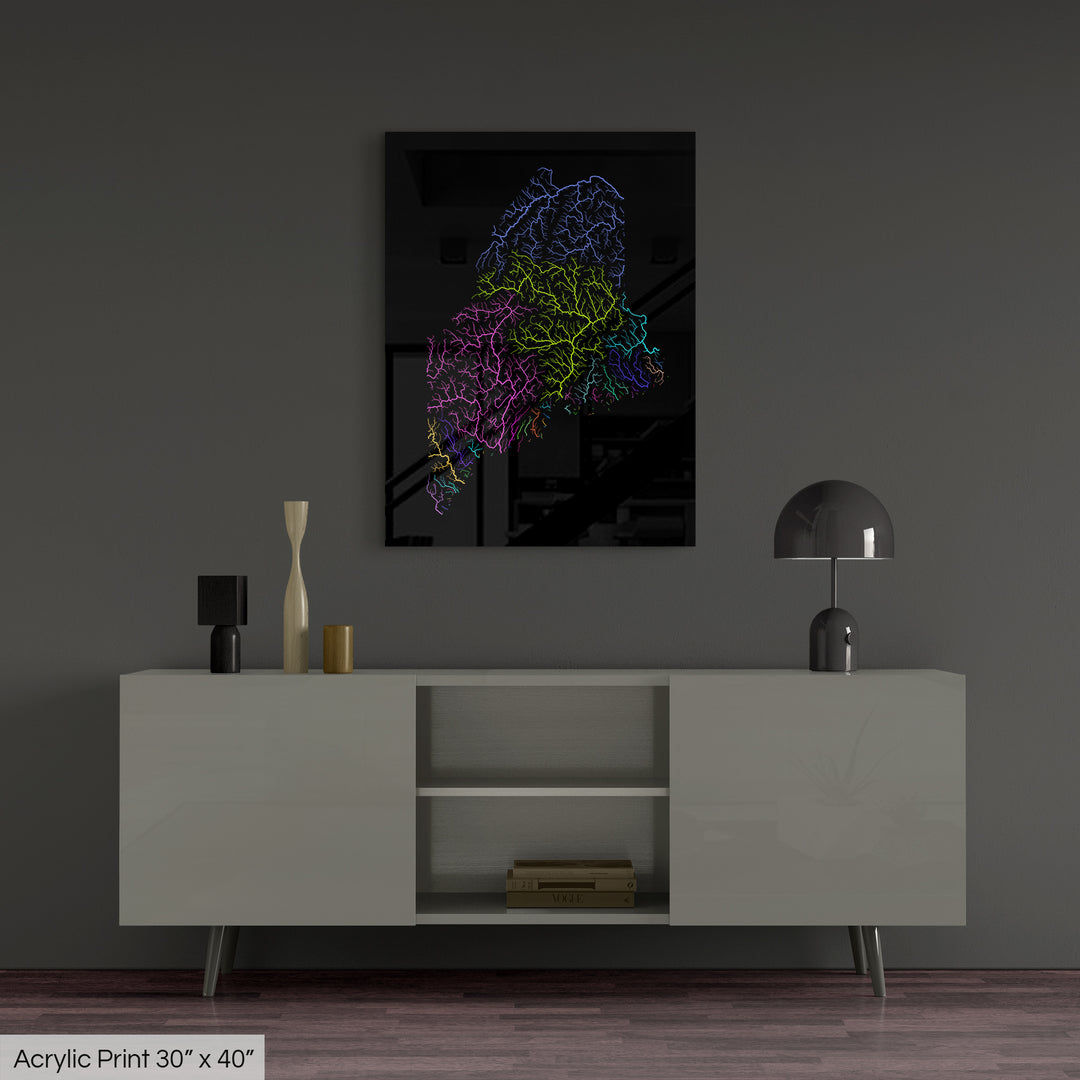 Maine - River basin map, rainbow colours - Wall Art
