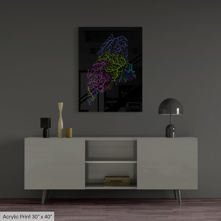 Maine - River basin map, rainbow colours - Wall Art