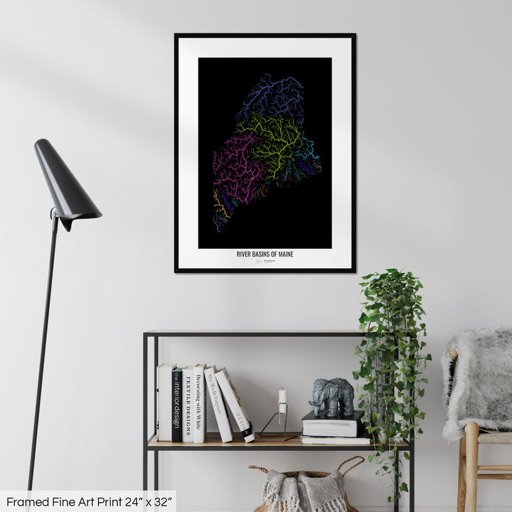 Maine - River basin map, rainbow colours - Wall Art