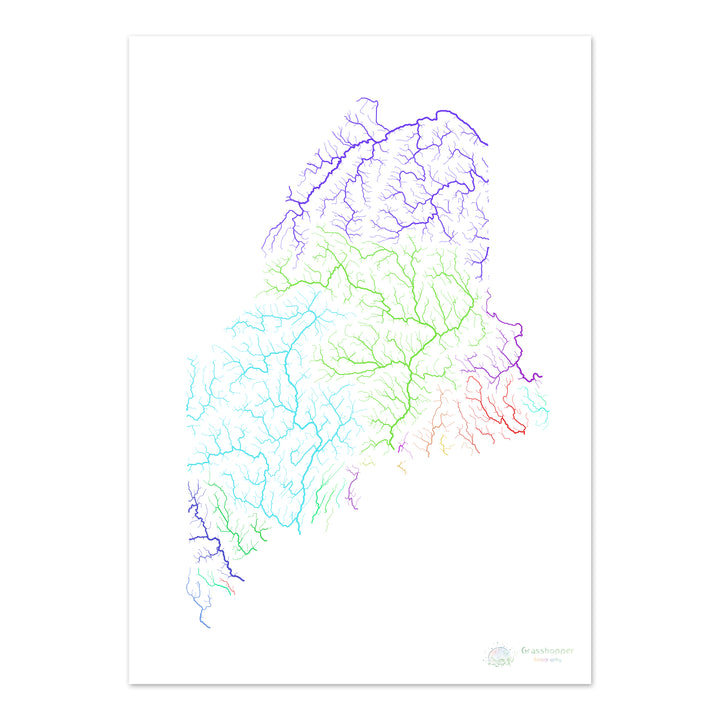 Maine - River basin map, rainbow on white - Fine Art Print