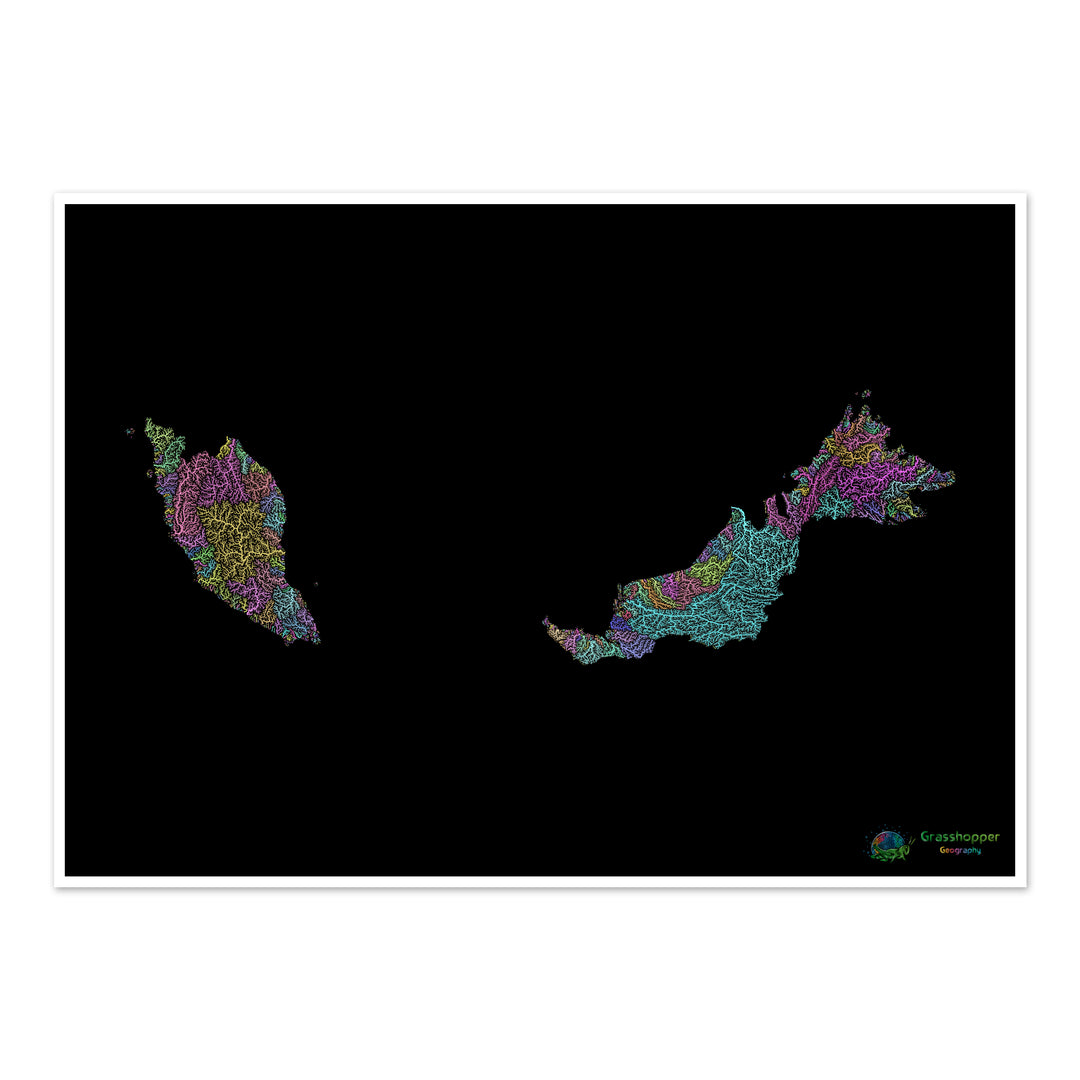 River basin map of Malaysia, pastel colours on black - Fine Art Print