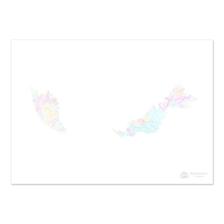 Malasia - Mapa de la cuenca fluvial, pastel sobre blanco - Impresión de Bellas Artes