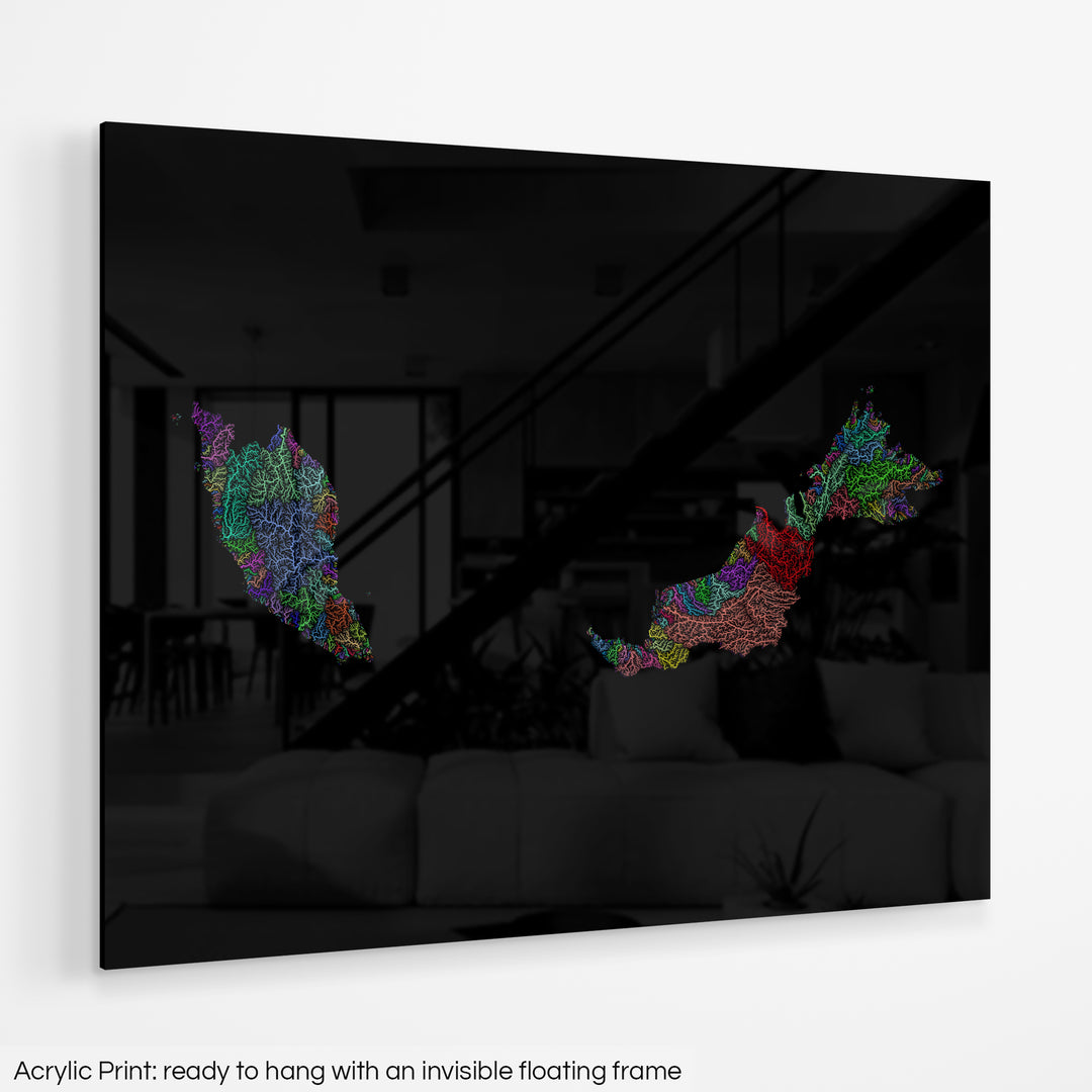 Malaysia - River basin map, rainbow colours - Wall Art