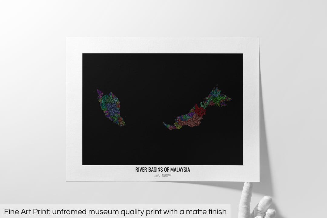 Malaysia - River basin map, rainbow colours - Wall Art