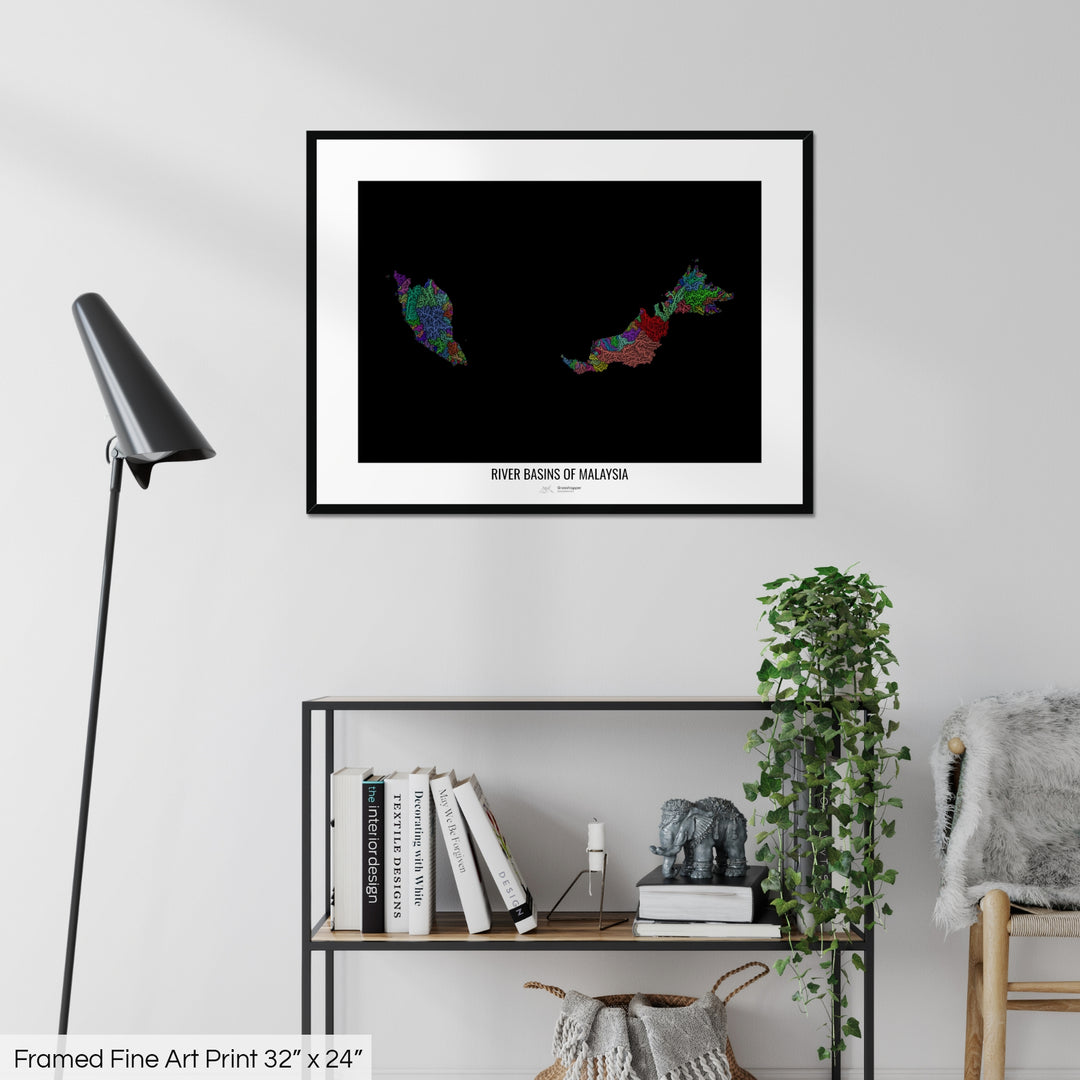 Malaysia - River basin map, rainbow colours - Wall Art