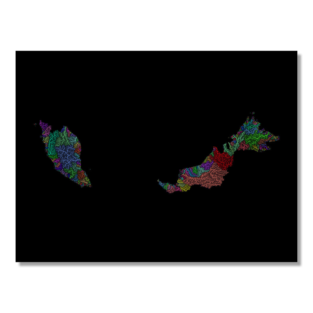 Malaysia - River basin map, rainbow colours - Wall Art