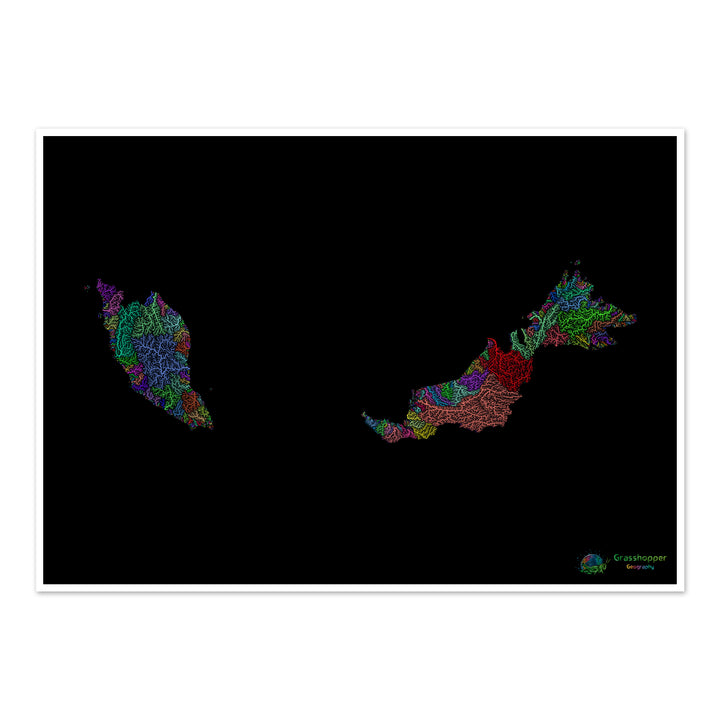 Malaysia - River basin map, rainbow on black - Fine Art Print