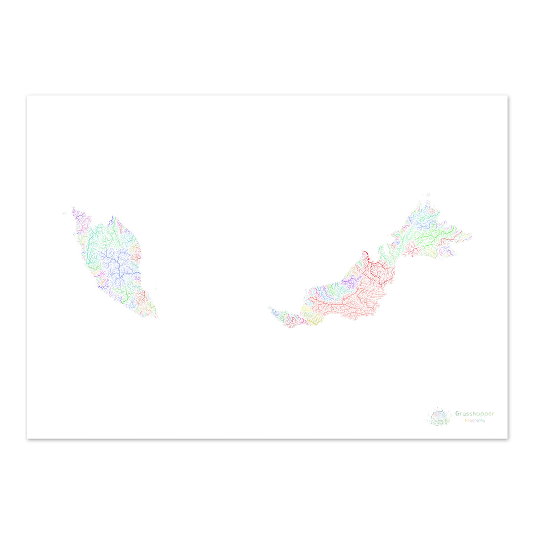 River basin map of Malaysia, rainbow colours on white Fine Art Print