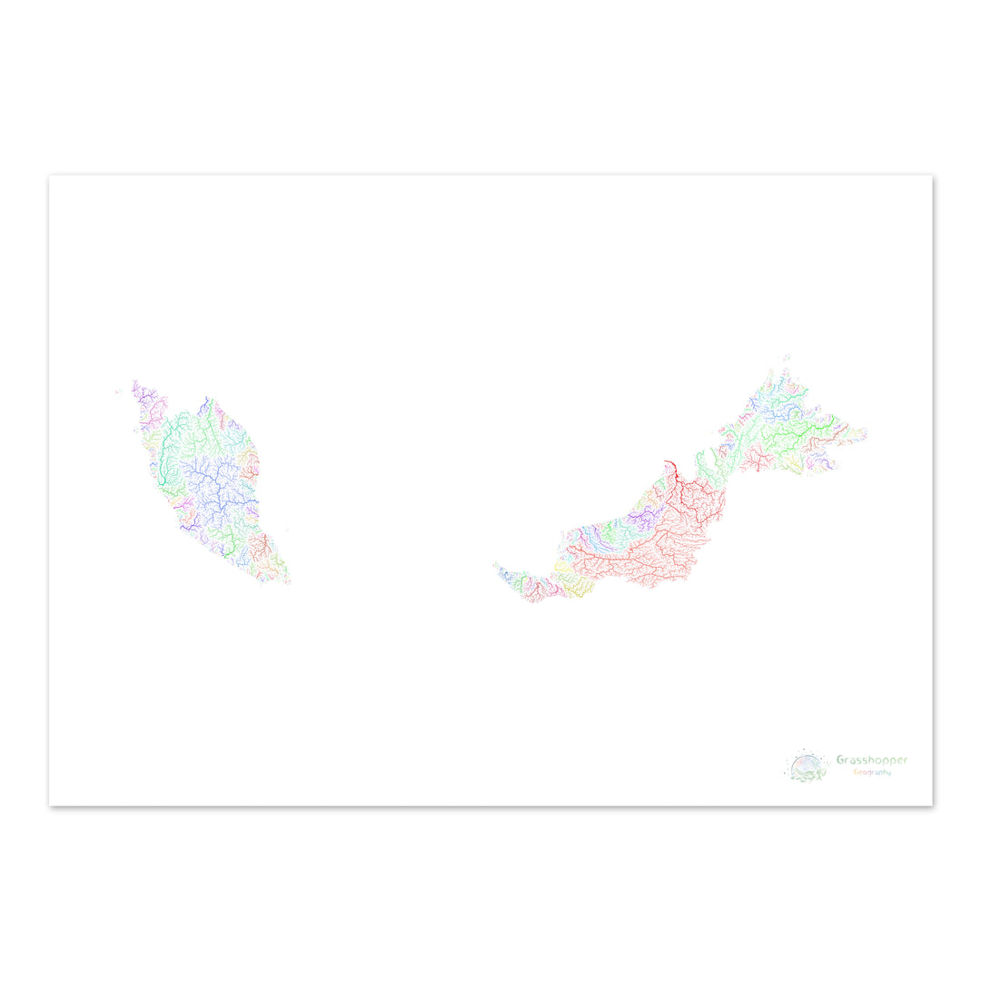 Malaysia - River basin map, rainbow on white - Fine Art Print