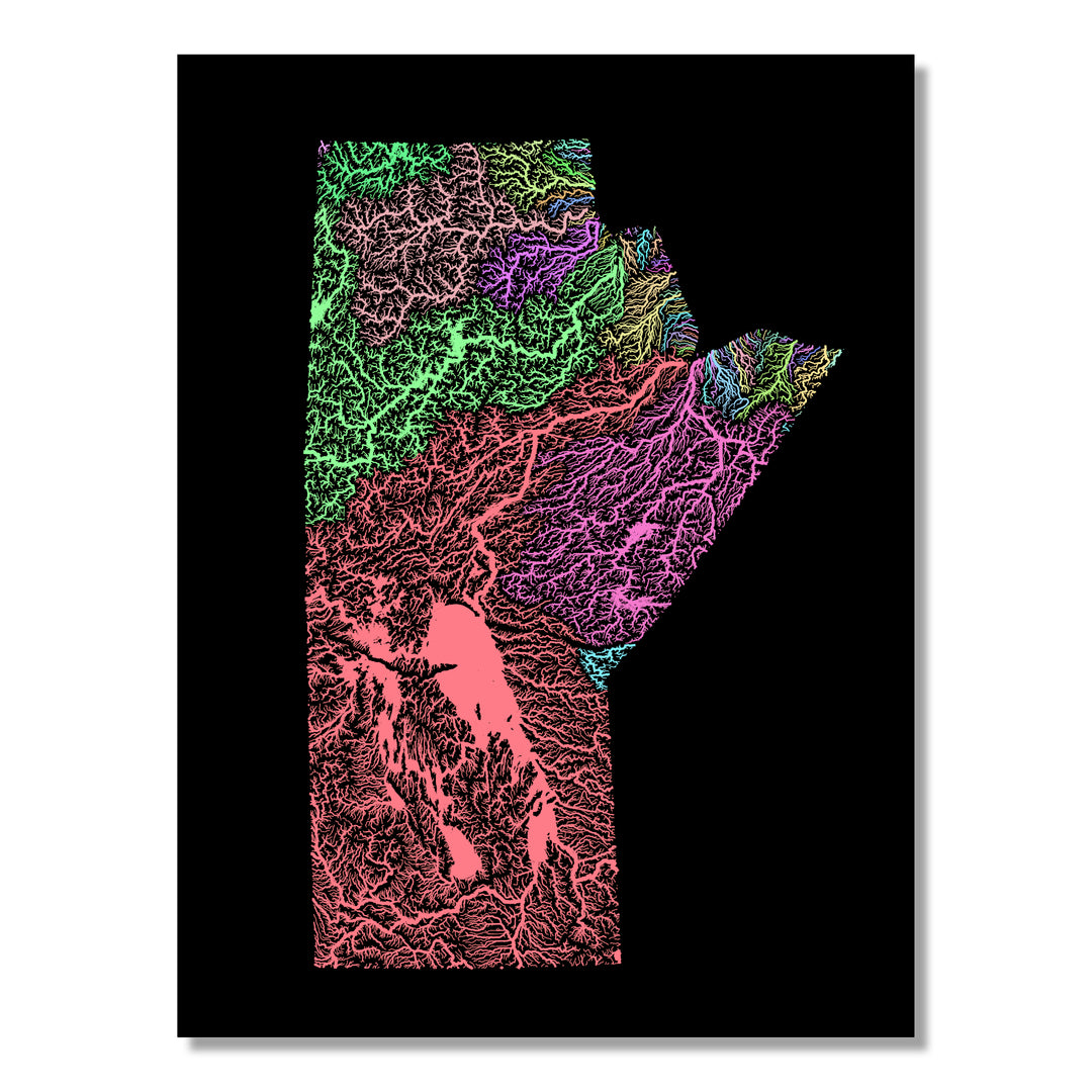Manitoba - River basin map, pastel colours - Wall Art