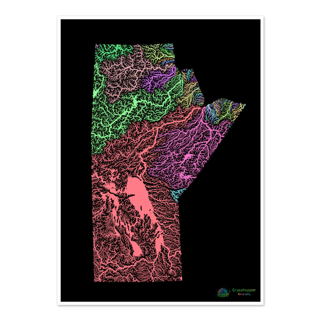 Manitoba - River basin map, pastel on black - Fine Art Print