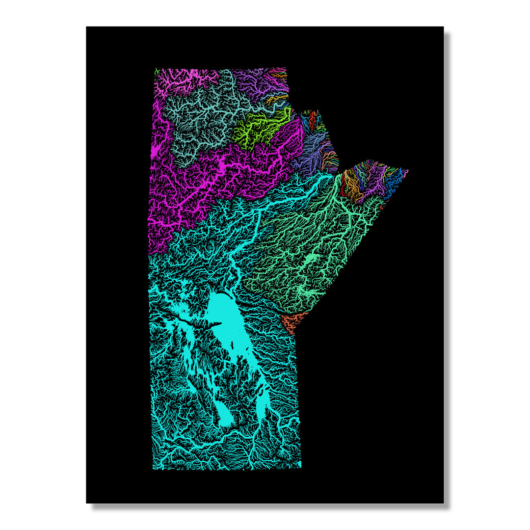 Manitoba - River basin map, rainbow colours - Wall Art
