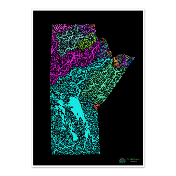 Manitoba - River basin map, rainbow on black - Fine Art Print