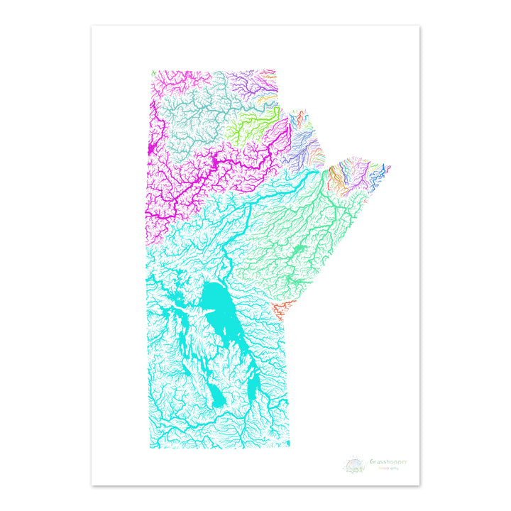 Manitoba - Mapa de la cuenca del río, arco iris sobre blanco - Impresión de Bellas Artes