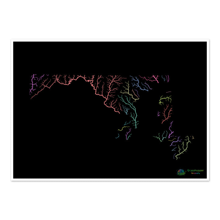 River basin map of Maryland, pastel colours on black - Fine Art Print