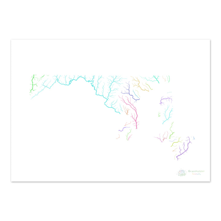 River basin map of Maryland, rainbow colours on white Fine Art Print
