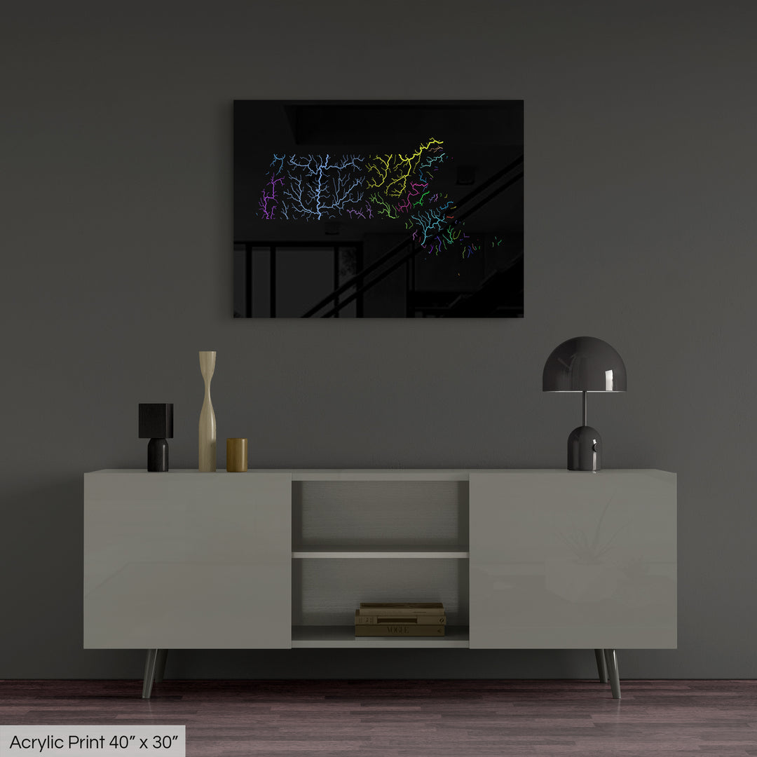 Massachusetts - River basin map, rainbow colours - Wall Art