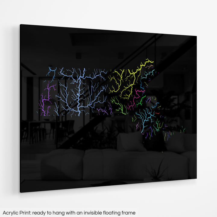 Massachusetts - River basin map, rainbow colours - Wall Art