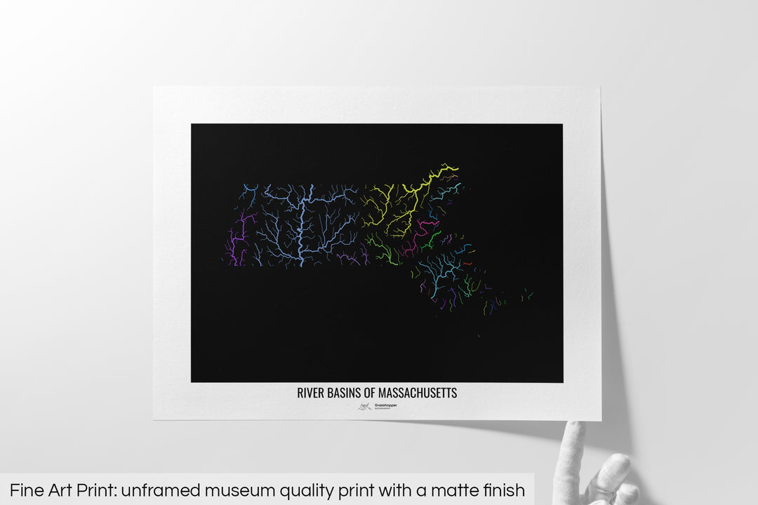 Massachusetts - River basin map, rainbow colours - Wall Art