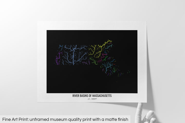 Massachusetts - River basin map, rainbow colours - Wall Art