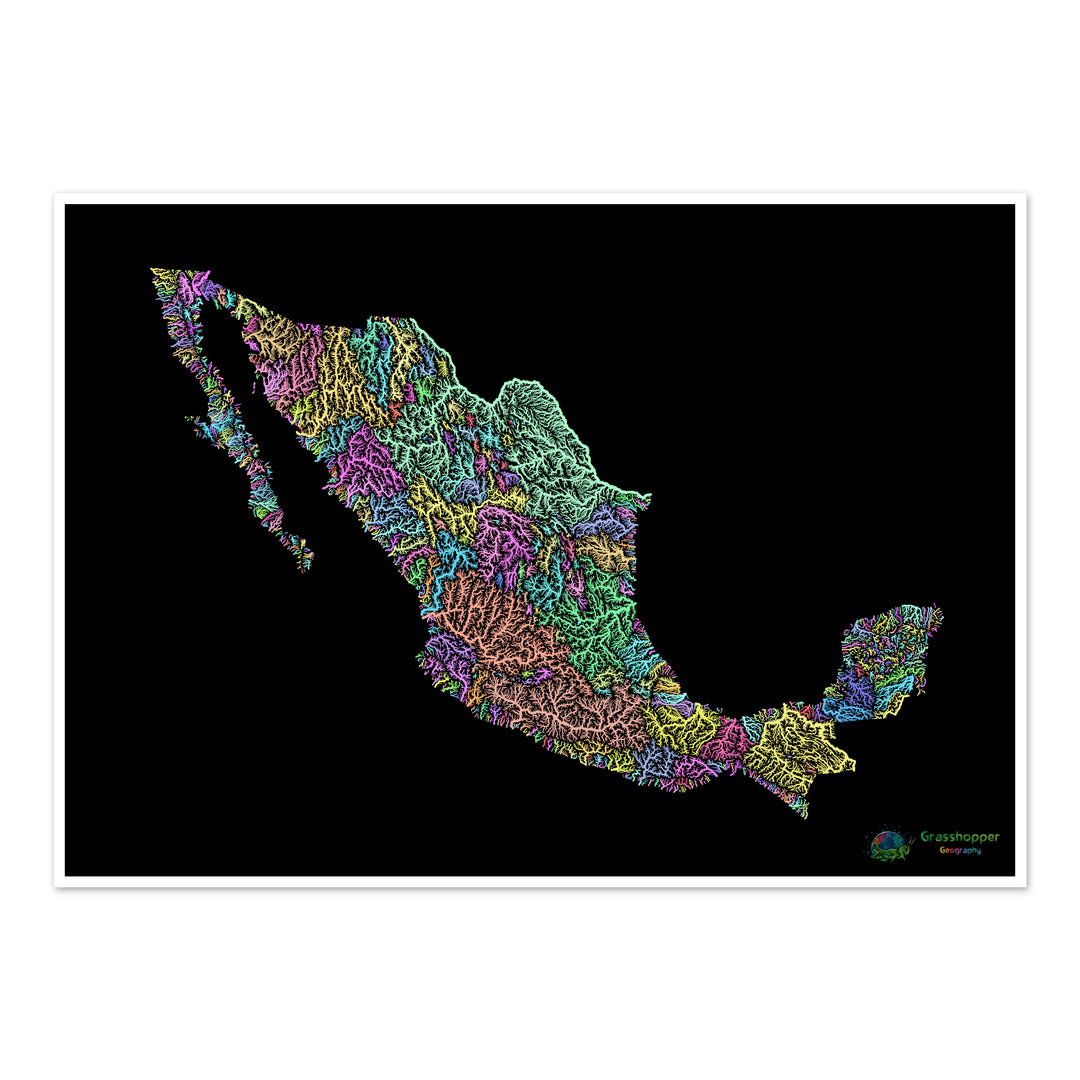 México - Mapa de la cuenca hidrográfica, pastel sobre negro - Impresión de Bellas Artes